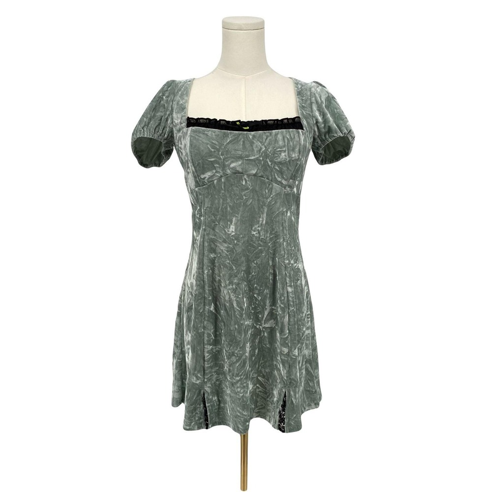 Y2k Coquette Babydoll Mini Dress M Mint Green Crushed Velvet Lace Open Back